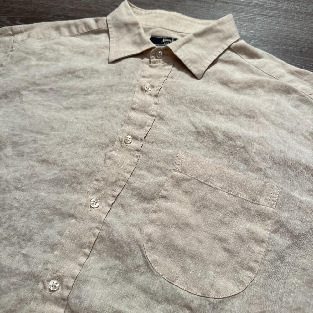 Neiman Marcus Shirt Mens XXL Beige Tan 100% Linen Vacation Summer Luxury Resort